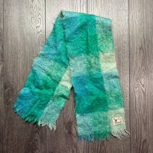 Vintage Hand Acraft Scotland Mohair Wool Blue Scarf Knit Throw Designer Plaid‎
